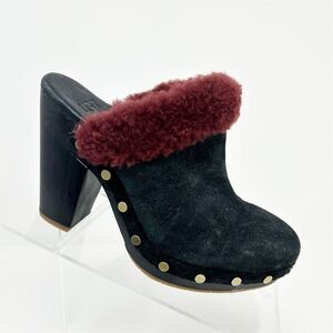 UGG Adele Women's Studded Suede Clog Heels Black with Red Fur Size 5 EU 36